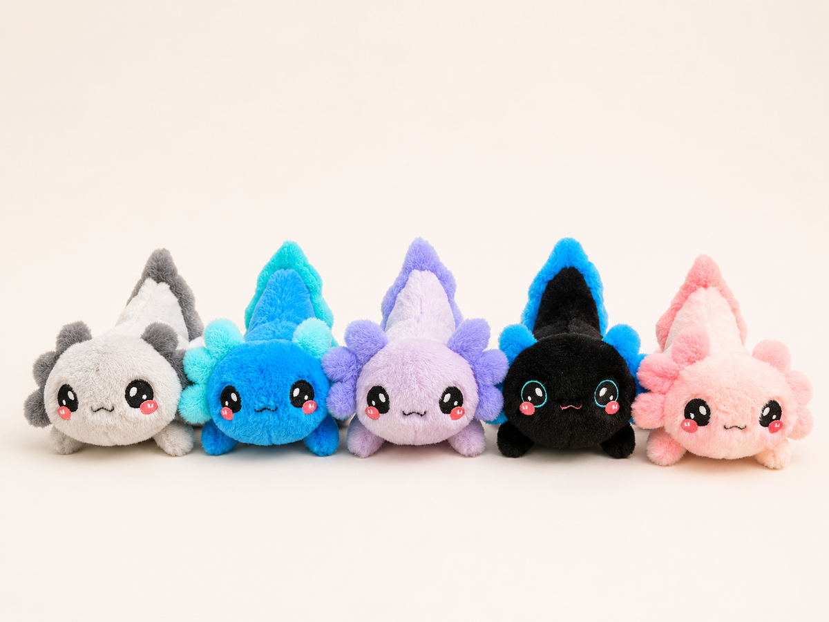 Axolotes kawaii de peluche en varios colores